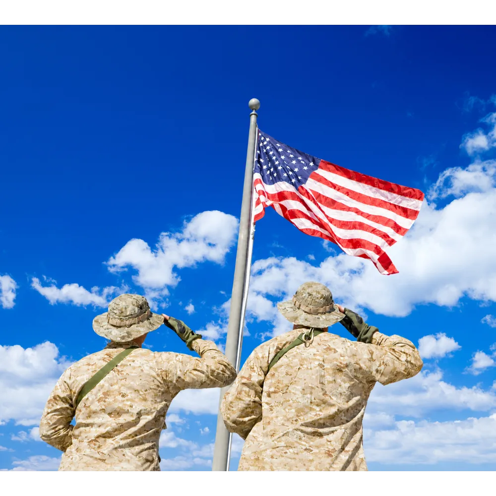 Two soldiers saluting a U.S. flag flying at full mast