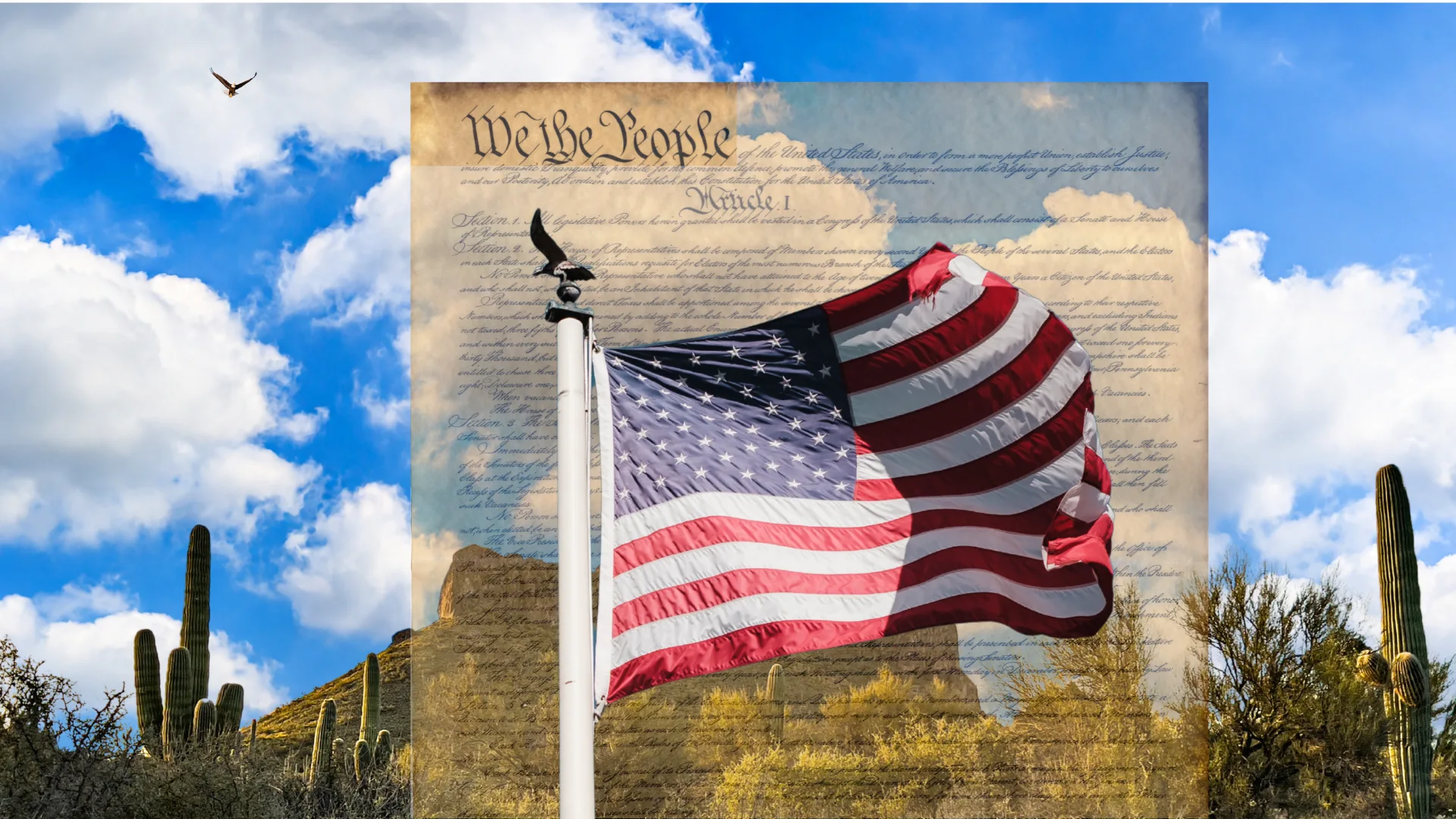 picture of a U.S. flag in the wind with Arizona background